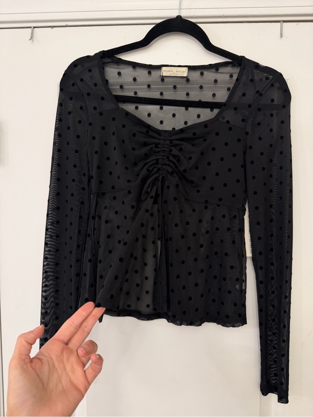 Francesca's Collections Black Polka Dot Ruched Sheer Long-Sleeve Top